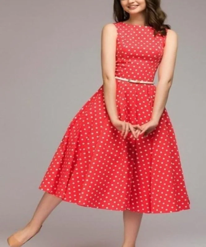 Sleeveless High Waist Retro Polka Dot Long Swing Dress With Belt