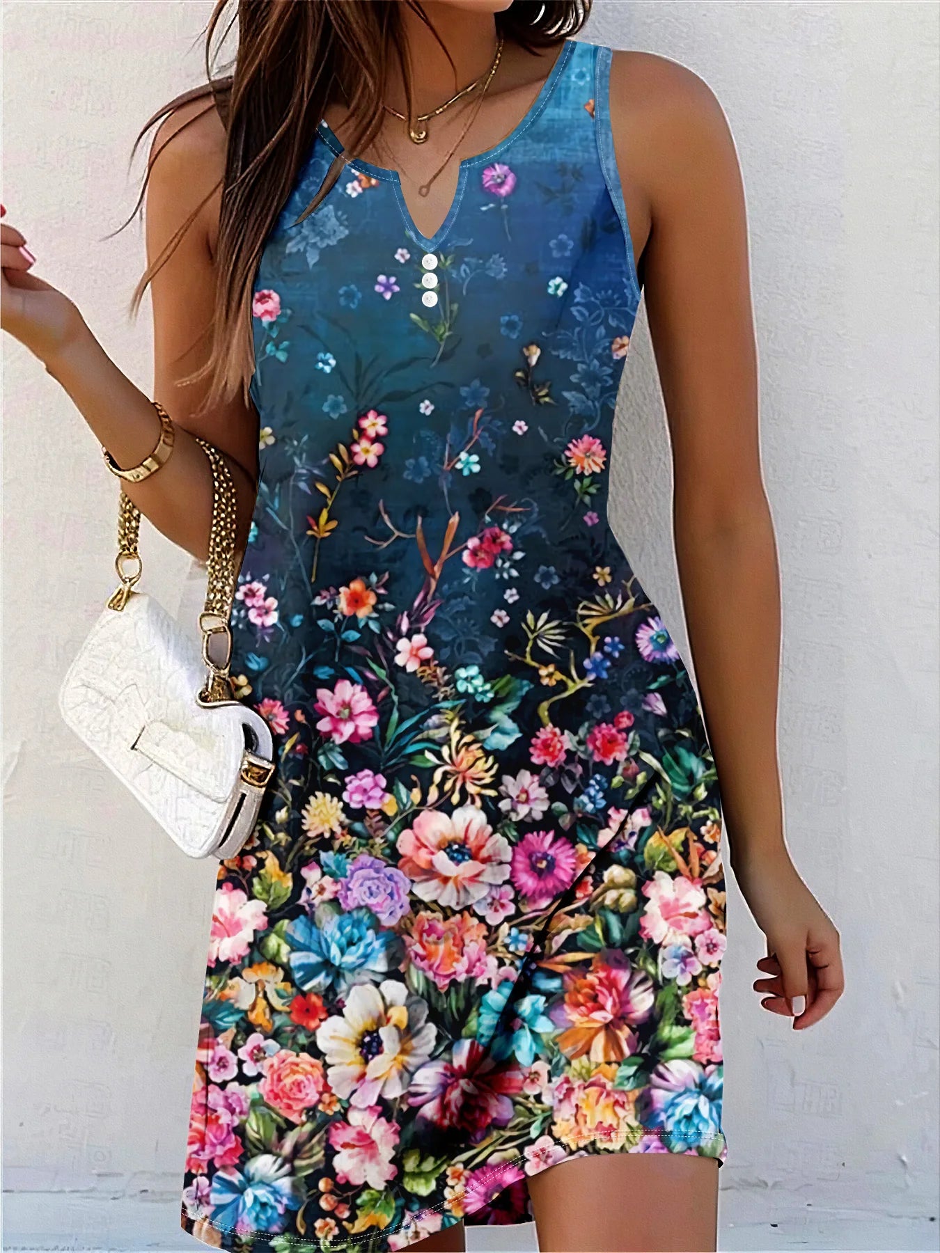 Women's Sleeveless V-neck Button-up Print Casual Summer Dress