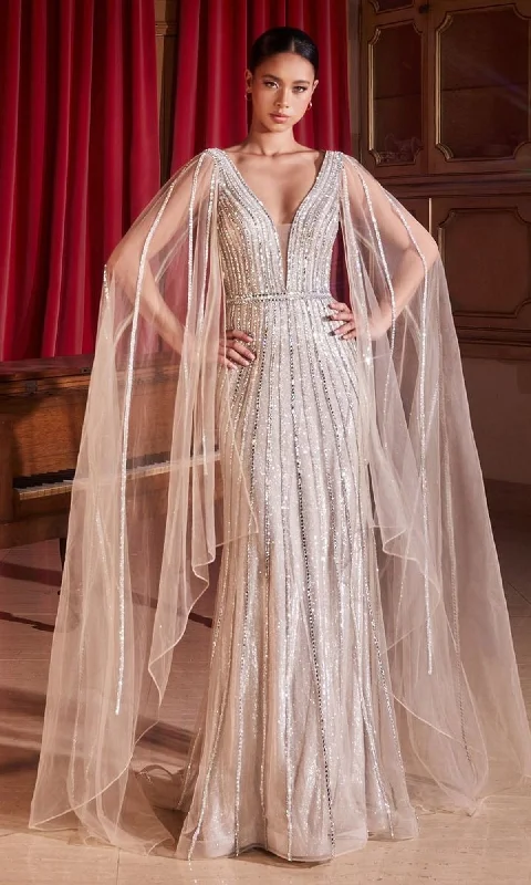 Long Platinum Formal Dress CD865 with Cape Sleeves