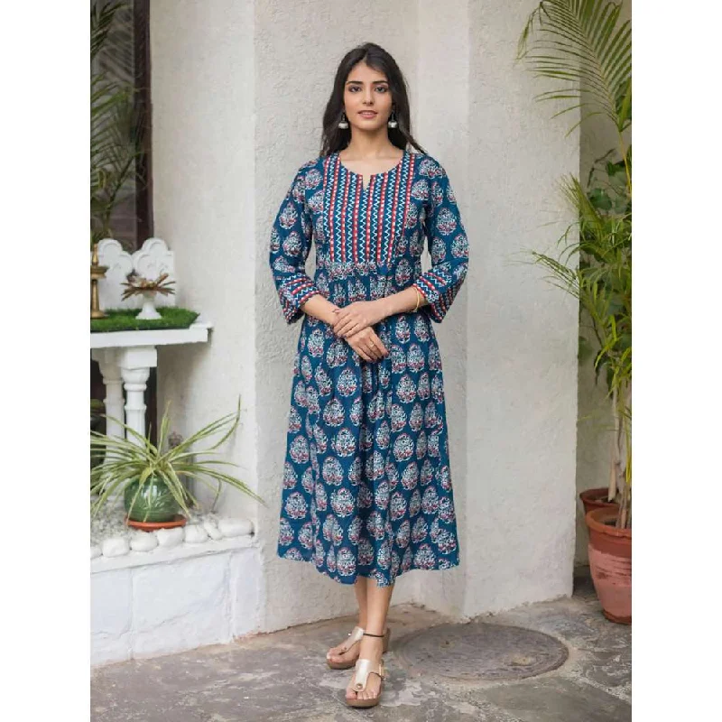 SVARCHI Cotton Buti Print Anarkali Dress-Blue