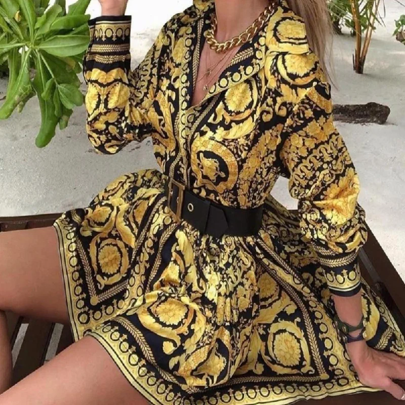 Vintage Gold Short V Neck Dress
