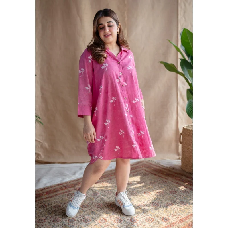 The Indian Ethnic Co. Pink Dabu Slub Cotton Printed Dress