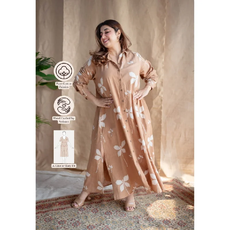 The Indian Ethnic Co. Light Brown A-Line Dabu Slub Cotton Dress Printed With Shirt Collar