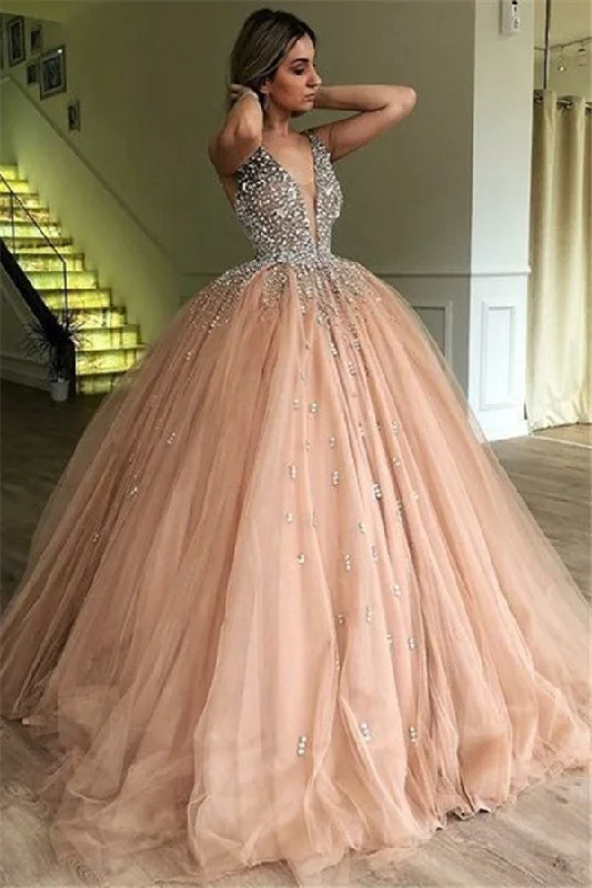Sparkly Deep V-neck Beading Tulle Princess Prom Dress Ball Gown