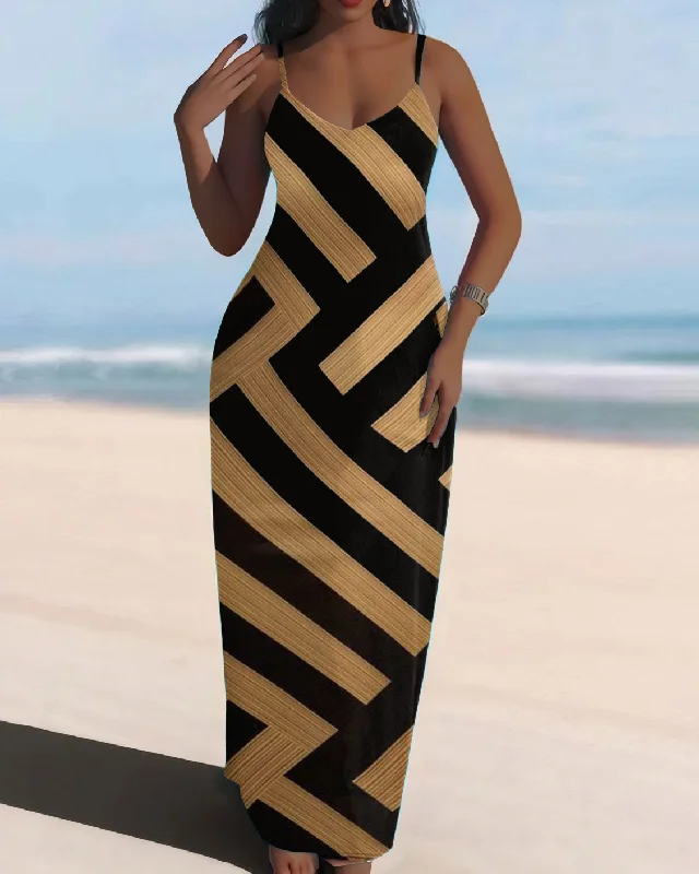 Sling Gold Stripes Design Pocket Dress