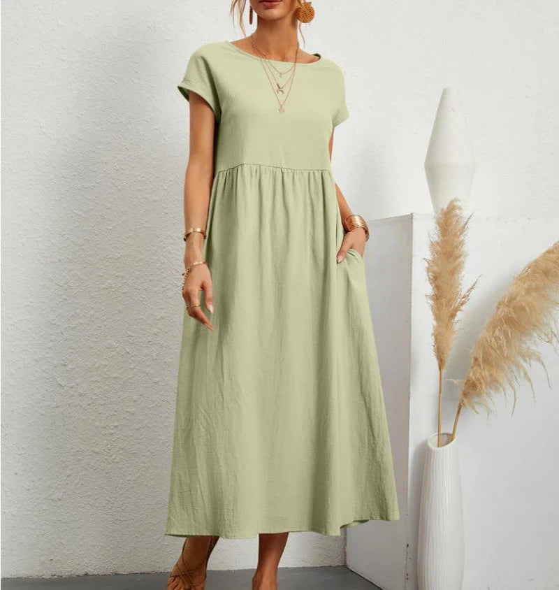 Women's Elegant Dress Summer Short Sleeve O-Neck Vintage Cotton Linen Comfortable Loose Pocket Long Dress