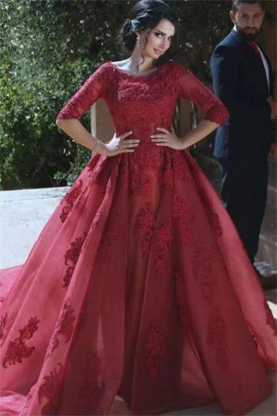 Modest Burgundy Half Sleeves Lace Tulle Ball Gown Princess Prom Dress