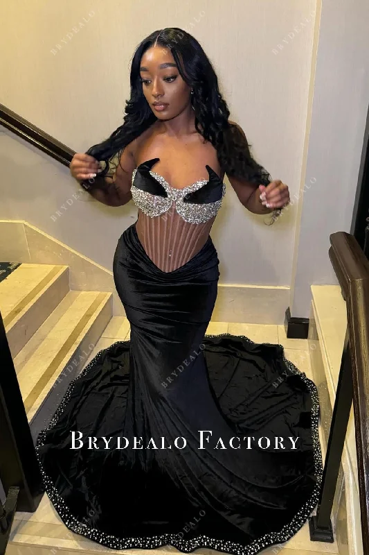 Prom Dress | Rhinestones Strapless Black Velvet Trumpet Formal Gown