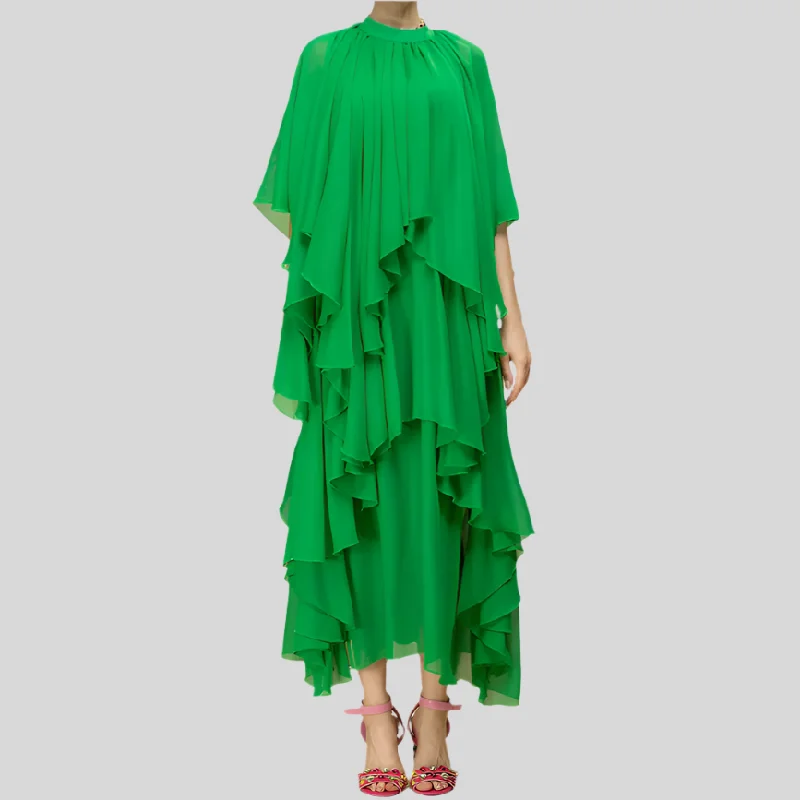 O-Neck Ruffles Tiered Chiffon Dress