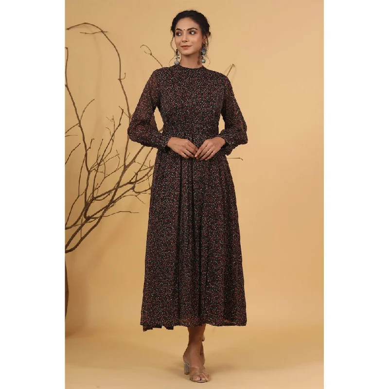 Juniper Black Alphin Chiffon Flared Printed Dress With Tie-Up Belt