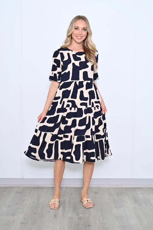 Annie Abstract Dress - Ink Beige