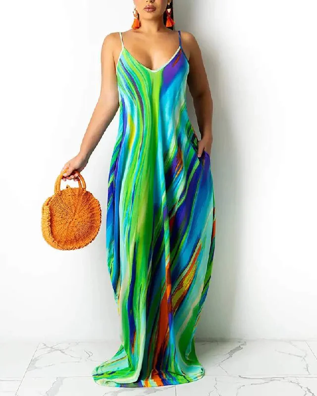 TIE DYE PRINT POCKET DESIGN CASUAL CAMI DRESS