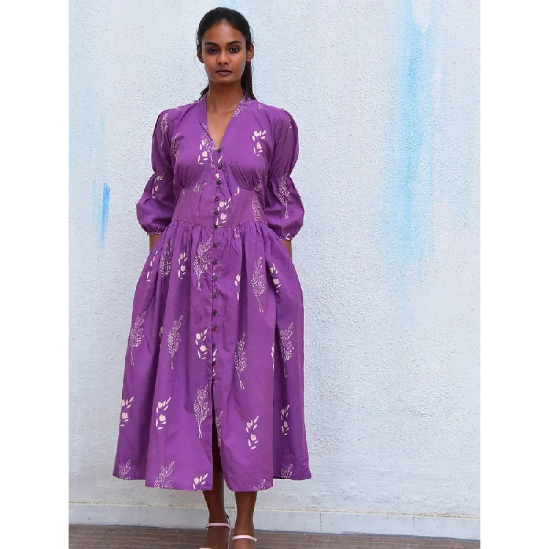 Chidiyaa Humming Bird Melody Purple Handblock Printed Cotton Dress