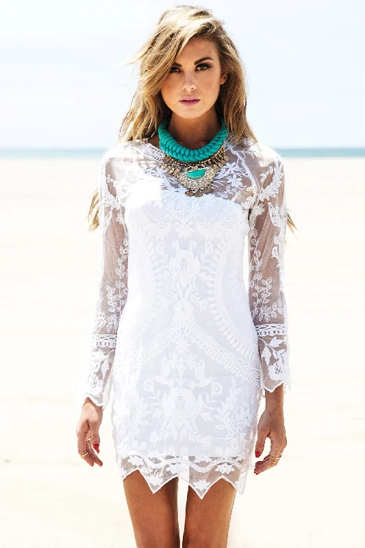 Long Sleeve Lace Cover-Up Dress - White