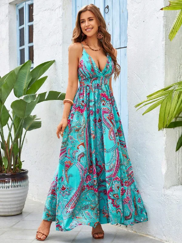 VCAY WOMEN S VACATION TASSEL PRINT SPAGHETTI STRAP DRESS