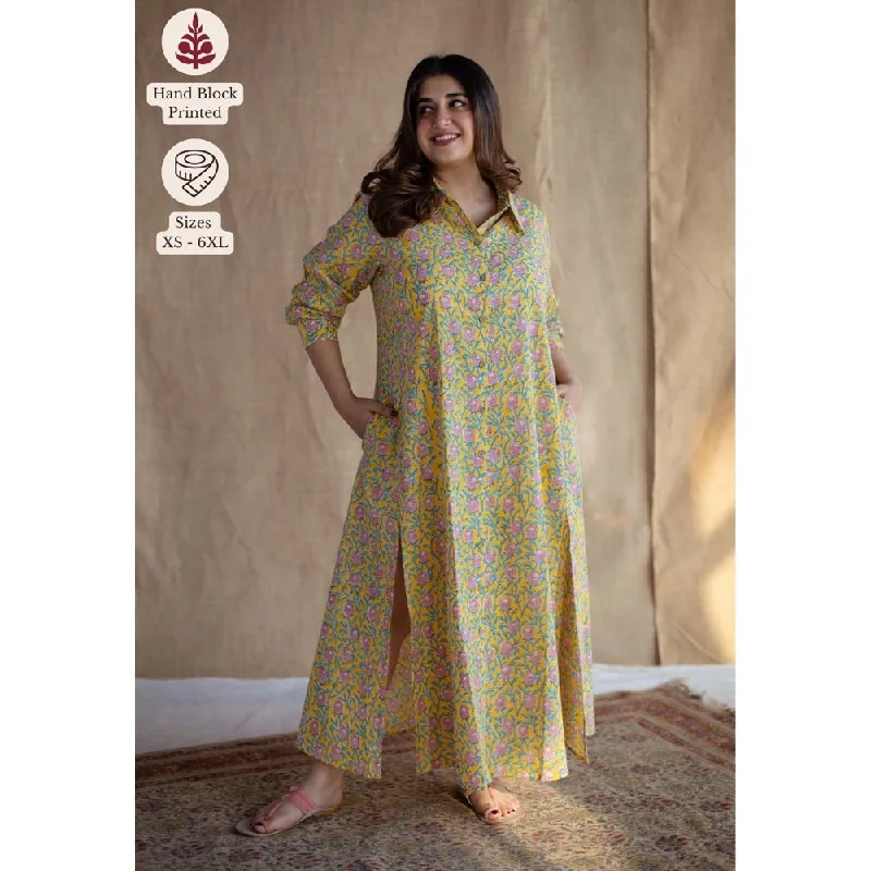 The Indian Ethnic Co. Yellow A-Line Sanganeri Printed Slub Cotton Dress