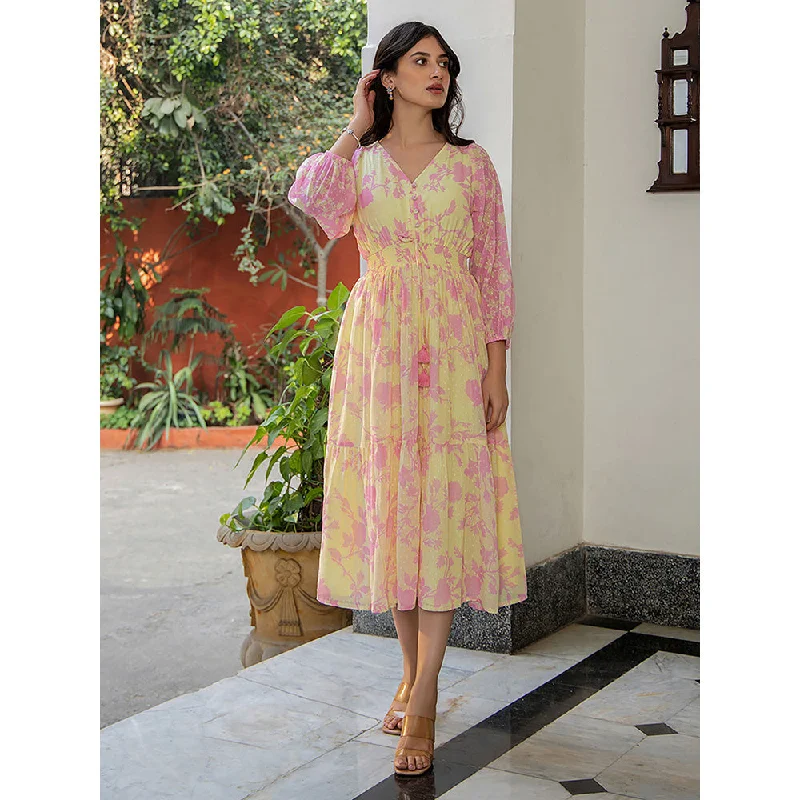Janasya Women Light Yellow Dobby Georgette Floral Fit & Flare Dress