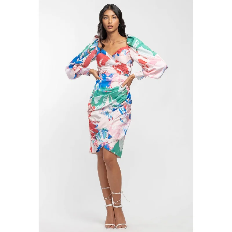 MANDIRA WIRK Satin Printed Draped Dress Multi-Color