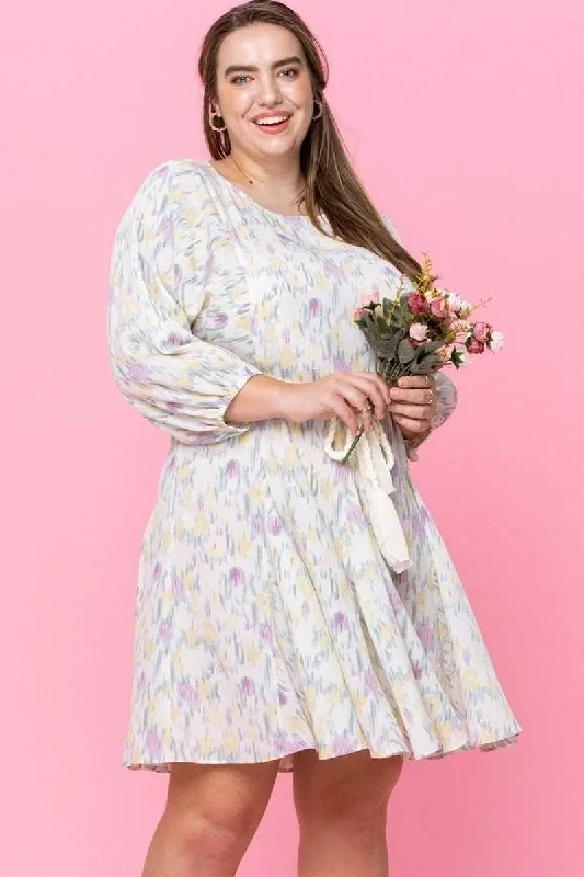 Plus Size Abstract Printed Mini Swing Woven Dress
