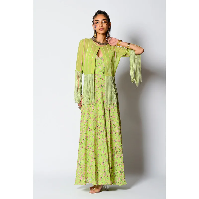 RV Pret Flora Printed Strappy Flared Dress Paired with Embroidered Cape (Set of 2)