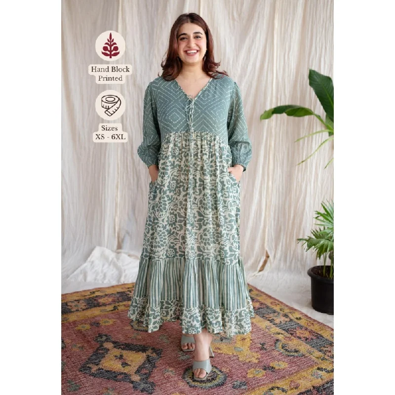 The Indian Ethnic Co. Green A-Line Batik Hand Block Mul Dress With Slip (Set of 2)