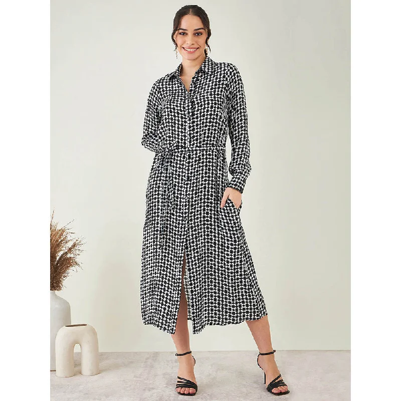 First Resort by Ramola Bachchan Black & White Geometric Print Dress with Belt (Set of 2)