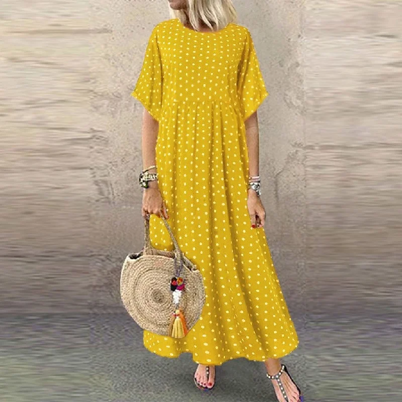 Linen O Neck Dot Dress