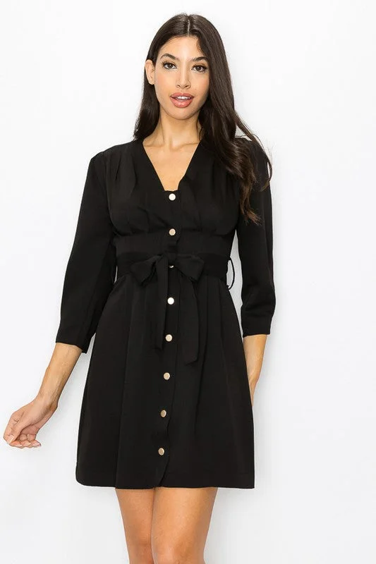 Open Front Snap Button Dress With Belt