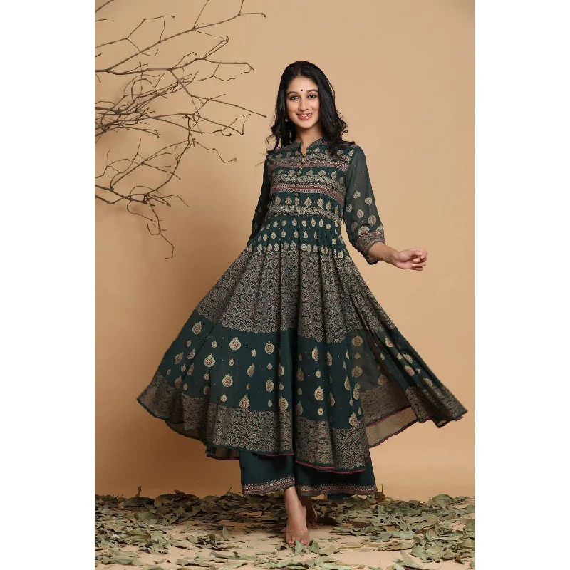 Juniper Green Georgette Gold Foil Print Layered Ethnic Dress