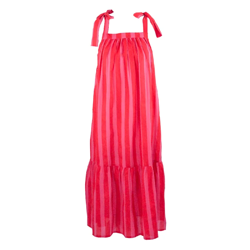 Chloe Shoulder Tie Sun Dress in Pink Red Cabana Stripe