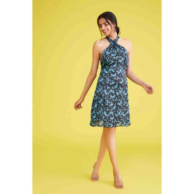 Poppi Floral Black Halter Neck Dainty Dress