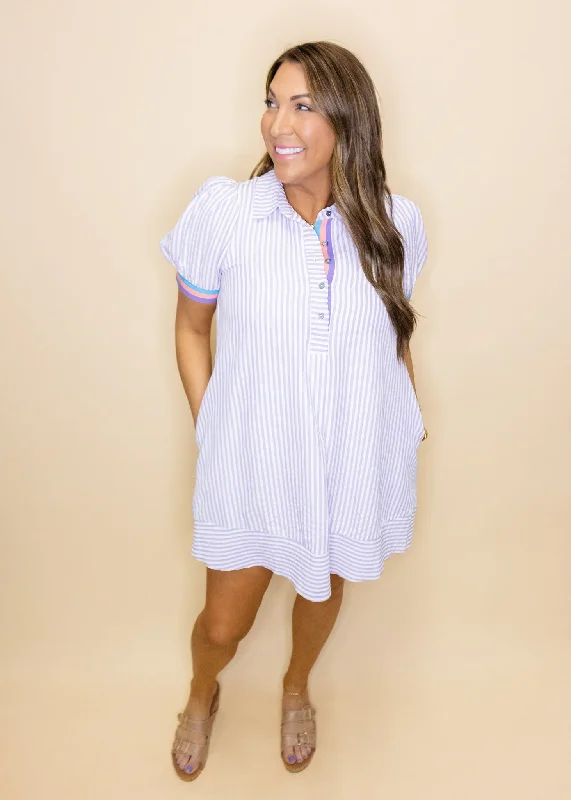 Lavender Striped Puff Sleeve Swing Dress