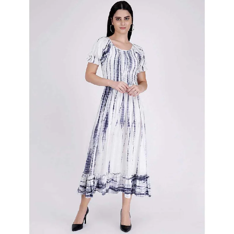 First Resort by Ramola Bachchan Indigo Tie-Dye Smocking Long Dress With Frill