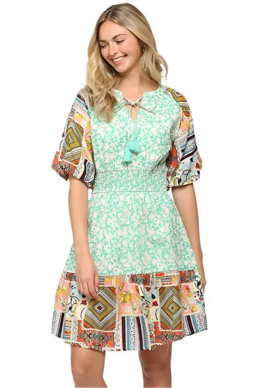 Geometric Patchwork Bubble Sleeve Dress