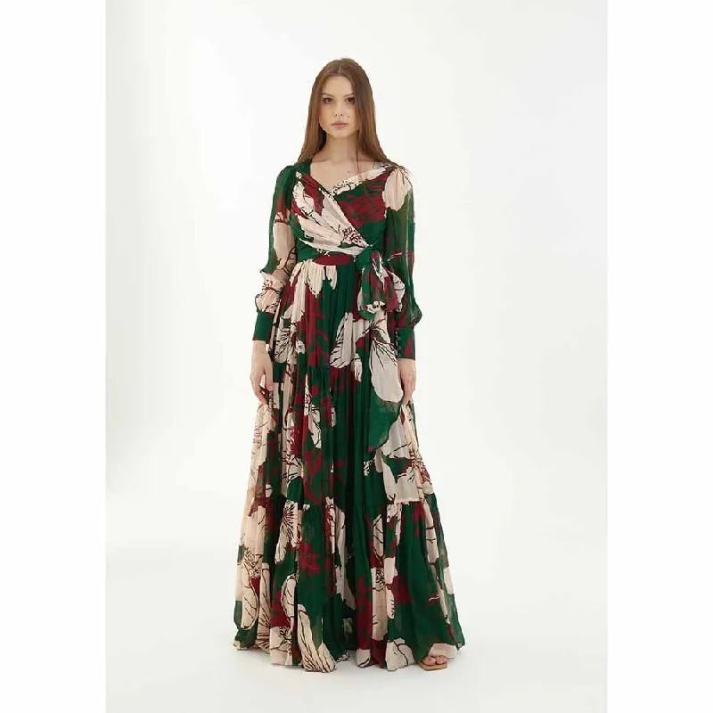 KoAi Green, Red and Off-White Long Floral Dress
