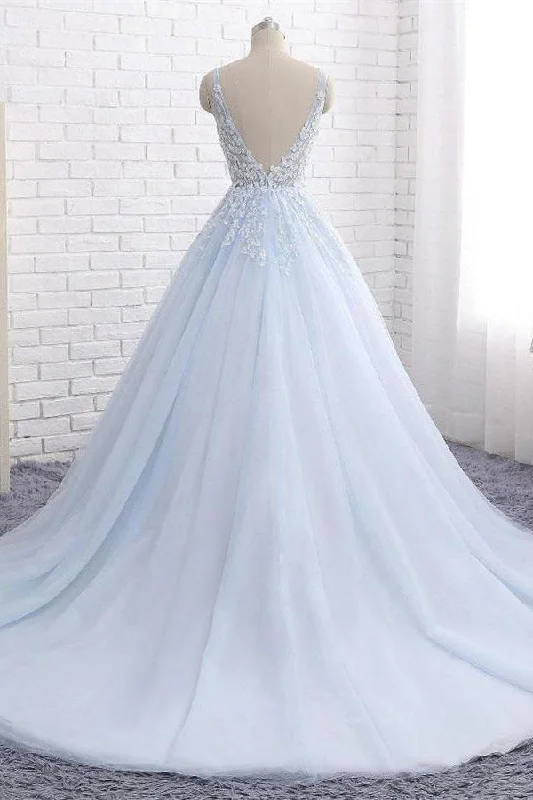 Charming Light Blue Ball Gown Lace Tulle V-neck Princess Prom Dress