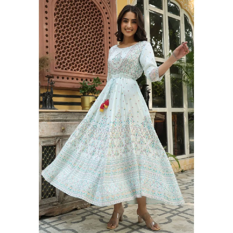 Juniper Womens Skyblue Viscose Shantoon Festive Printed Flared Dress (Set of 2)