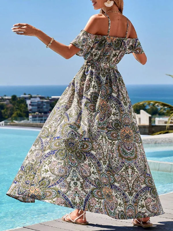 VCAY FLORAL PRINT COLD SHOULDER RUFFLE TRIM BELTED DRESS