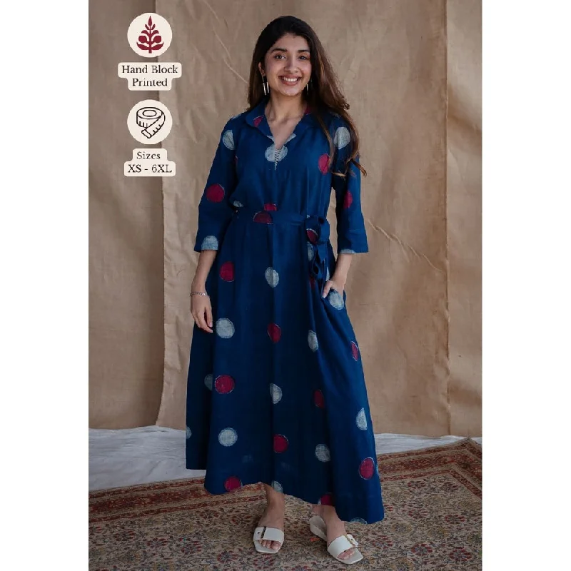 The Indian Ethnic Co. Navy Blue A-Line Dabu Printed Slub Cotton Dress with Belt (Set of 2)
