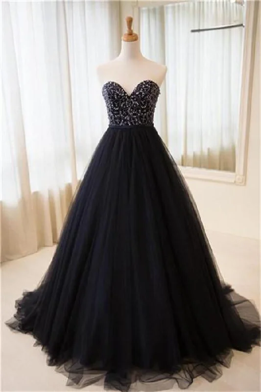 Sweetheart Lace Up Beaded Navy Blue Ball Gown Princess Prom Dress