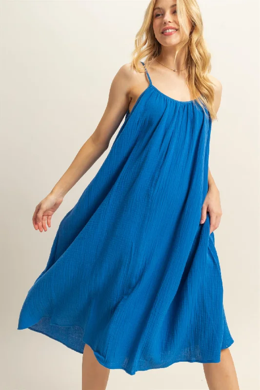 HF24E241-Shirring Neckline Sleeveless Flowy Dress