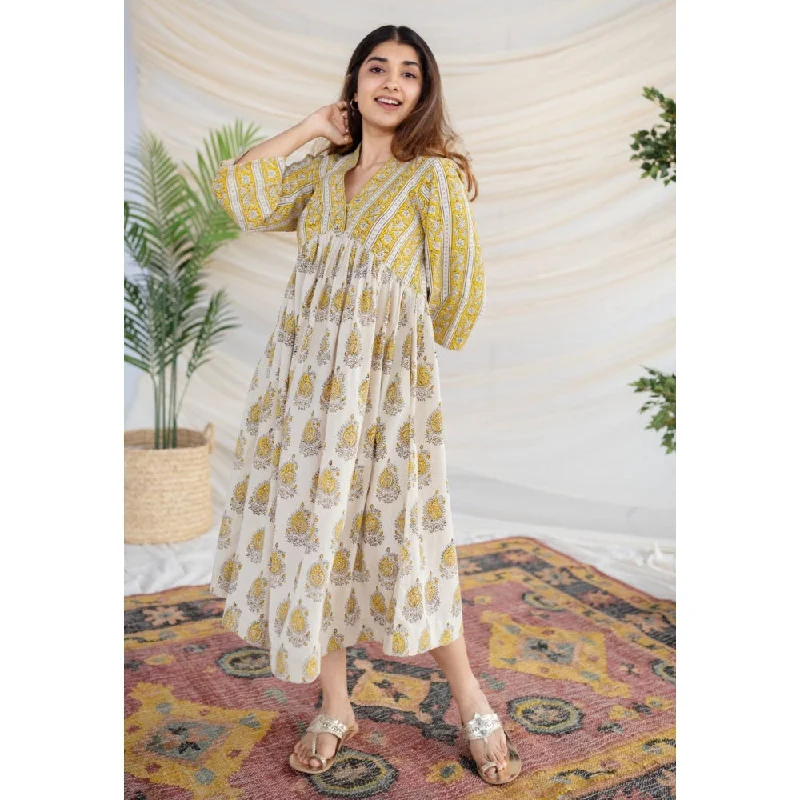 The Indian Ethnic Co. Yellow Bagru Cotton Dress