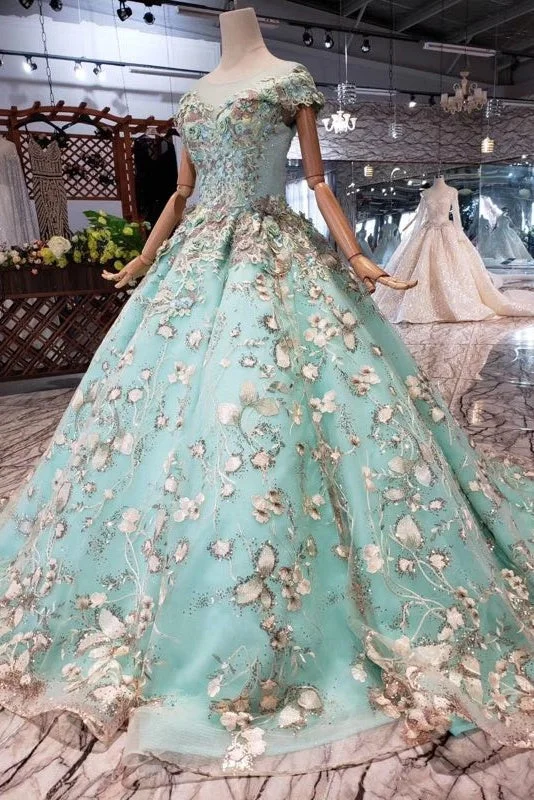 Beautiful Cap Sleeves Lace Up Ball Gown Prom Dress Princess Quinceanera Dress