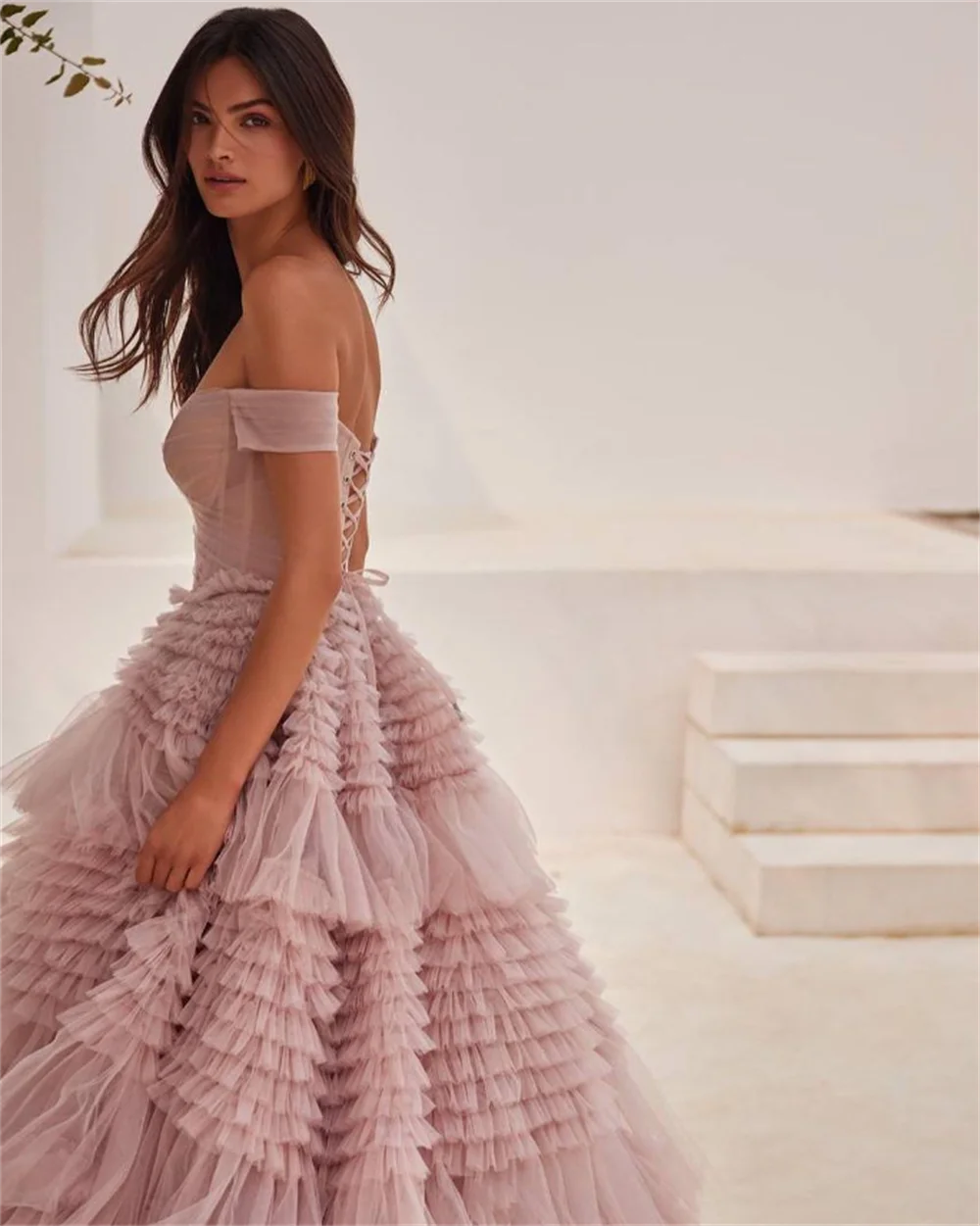 Pink Off Shoulder Tulle Prom Dress Elegant Multi layer A-line Lace Up Back Sleeveless Evening Dress