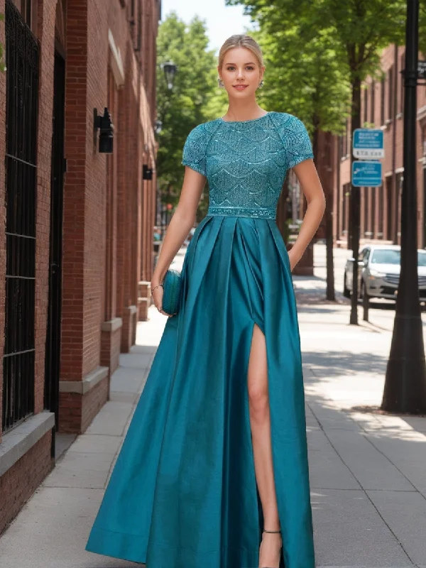 A-Line/Princess Scoop Short Sleeves Evening Dresses with Split Side & Sequins