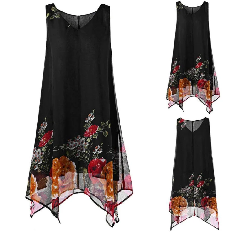 Floral Chiffon Sleeveless Irregular Hem Dress
