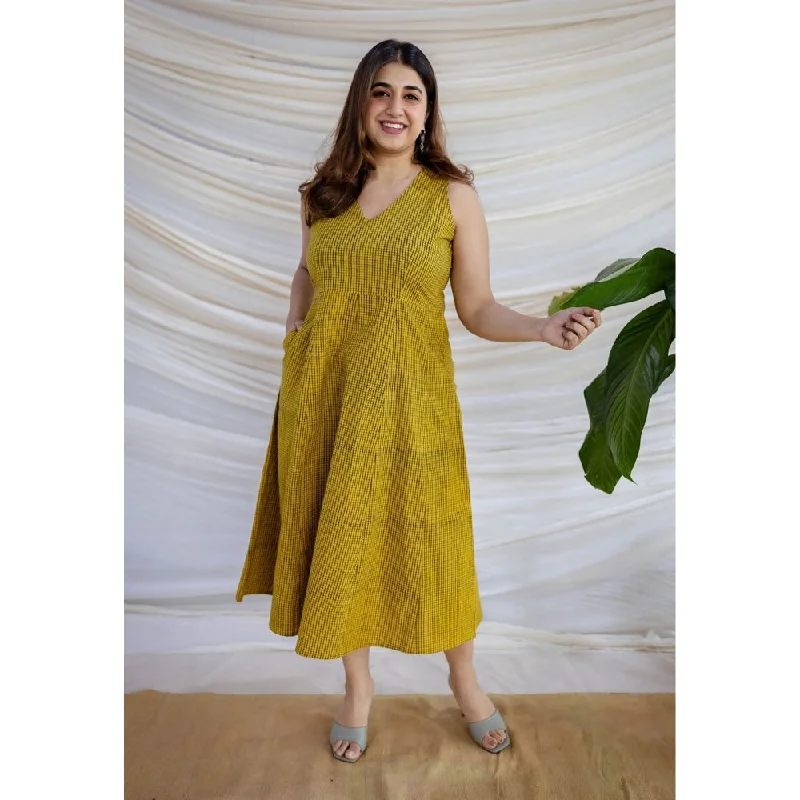The Indian Ethnic Co. Yellow A-Line Ajrakh Printed Cotton Dress With V Neck