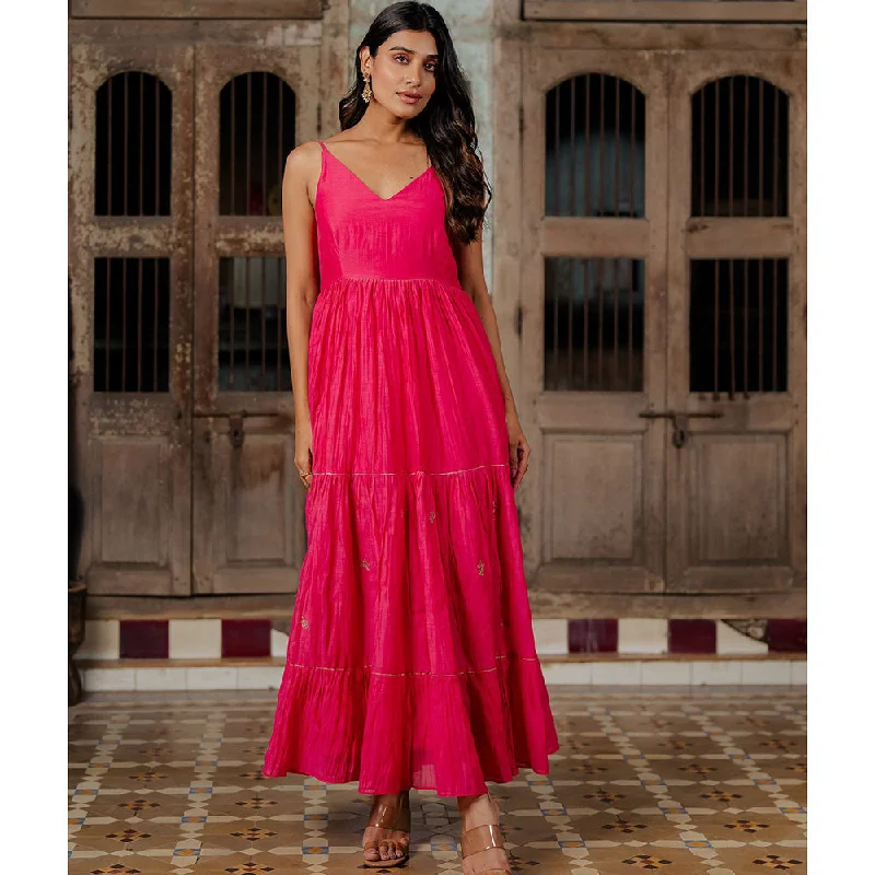 Zebein Yasmeen Chanderi Silk Strap Long Tier Dress Pink