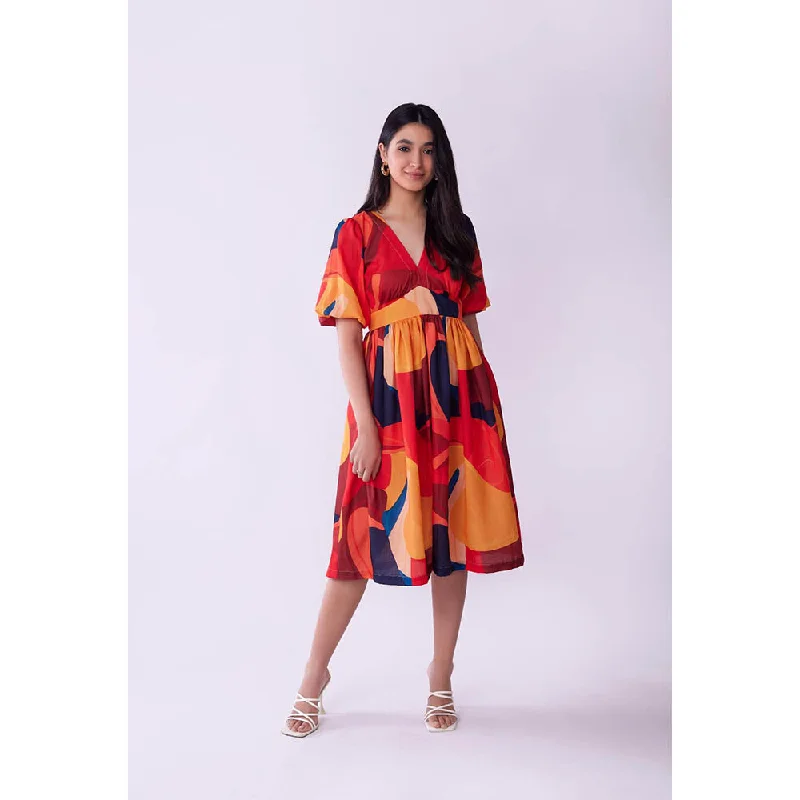 Poppi Sunset Printed V-Neck Dress