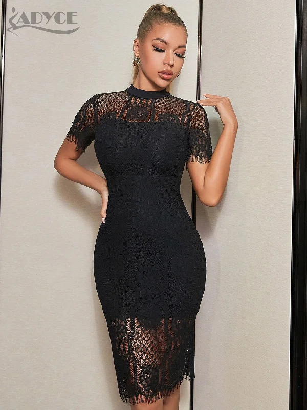 Fashion Summer Black Lace Dress Outfits Women Short Sleeve See Through Celebrity Evening Night Club Partywear Dresses